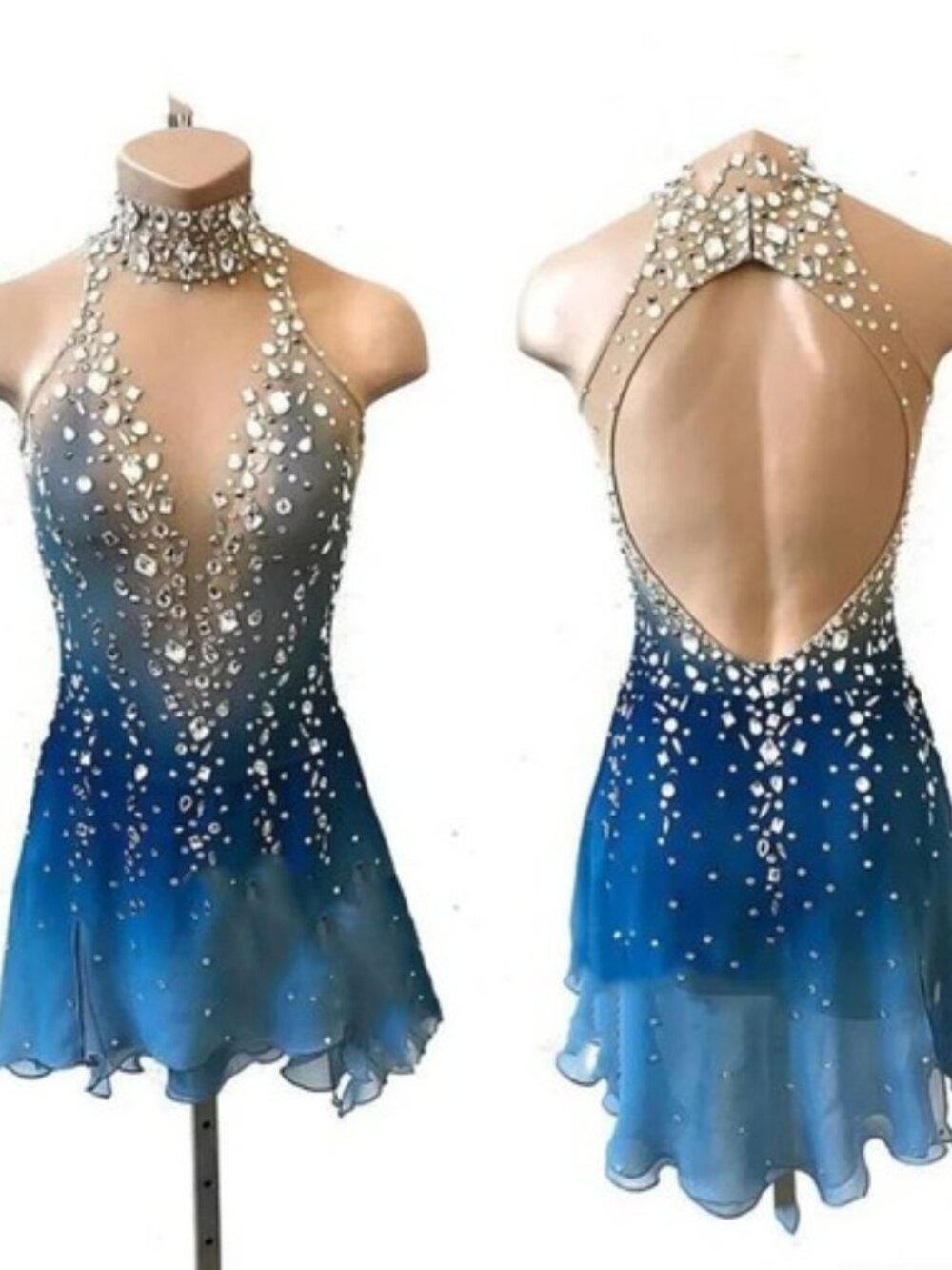 Custom Figure Skating Competition Dress – Blue Ombré Crystal Sleeveless